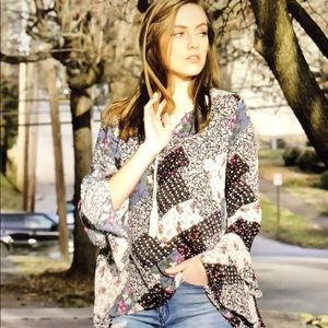 - Blue multi colored patchwork print bell sl…